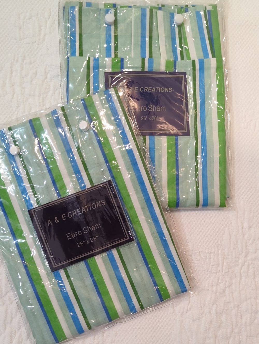 NWT Pair (2) A&E Creations Blue & Green Striped Euro Pillow Shams 26x26​